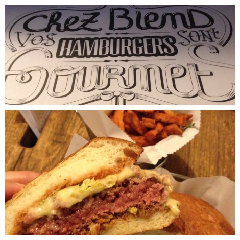 A French gourmet hamburger and sweet potato fries at Blend