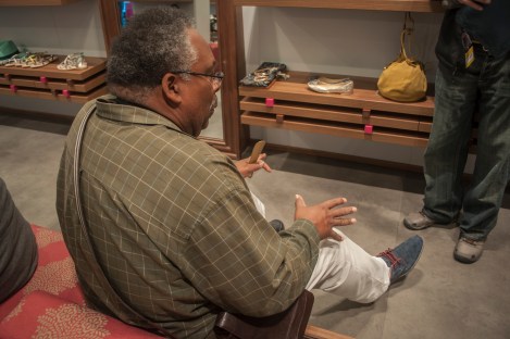 Dave tries on some blue suede shoes...