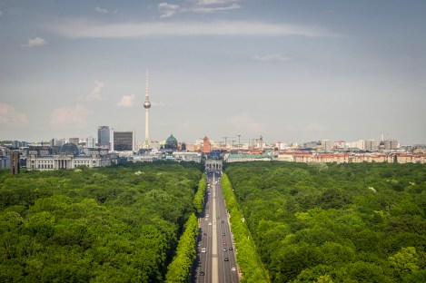 Our calves were burning and we were short of breath by the time we reached the top of the Victory Column, but the views were worth it.  Here we're looking through the Tiergarten down to the Brandenburg Gate
