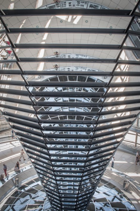 The mirrored cone in the center of the Dome directs sunlight in the building